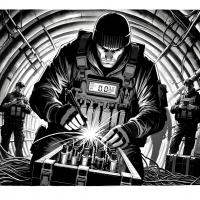 black-and-white comic-style image of a person in a tunnel operating with something that looks like a bomb