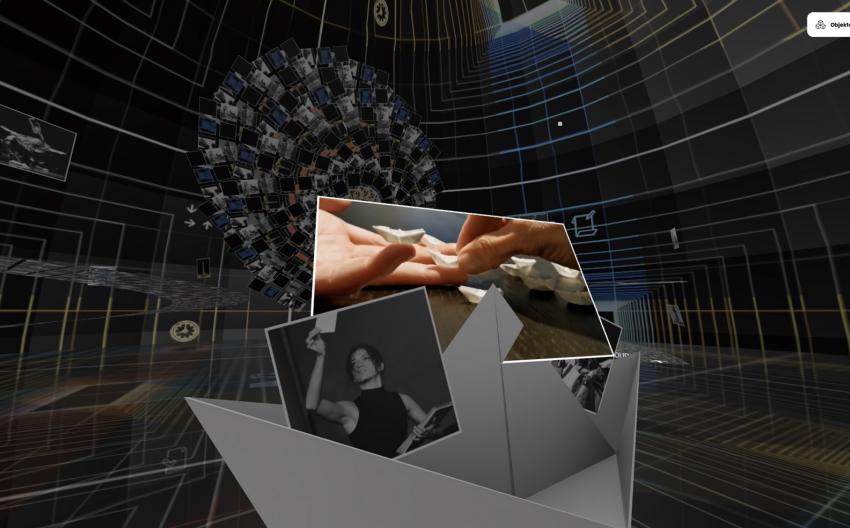 Screenshot from Once Upon Unsteady Grounds, paper boat and photos of Mara dancing.