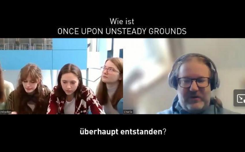 Screenshot from Zoom Meeting, on the left four pupils, on the right Karl Zechenter