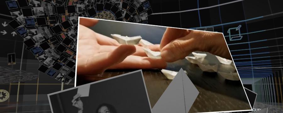 Screenshot from Once Upon Unsteady Grounds, paper boat and photos of Mara dancing.