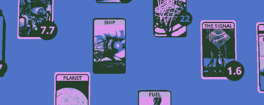 screenshot of game "xenograft", purple background and black cards