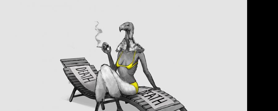 black and white image of a vulture with a female body and a yellow bikini sitting on a lounger and smoking a cigarette. Feet and hands are those of a vulture. On the lounger one can read "DEATH DEATH"